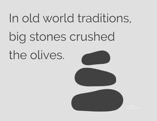 In old world traditions,
big stones crushed
the olives.
© Grufus
The Noun Project
 