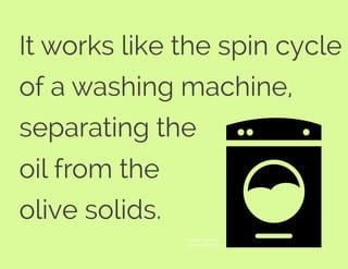 It works like the spin cycle
of a washing machine,
separating the
oil from the
olive solids.
© Megan Sheehan
The Noun Project
 