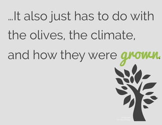 …It also just has to do with
the olives, the climate,
and how they were grown.
© Parmelyn
The Noun Project
 