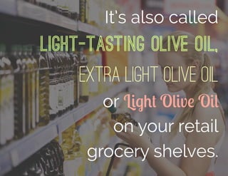 It’s also called
Light-Tasting Olive Oil,
Extra Light Olive Oil
or Light Olive Oil
on your retail
grocery shelves.
 