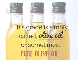 This grade is simply
called, olive oil
or sometimes,
pure olive oil.
 
