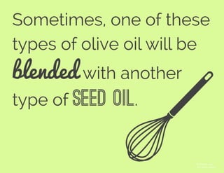 Sometimes, one of these
types of olive oil will be
blended with another
type of seed oil.
© Tommy Lau
The Noun Project
 