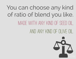 You can choose any kind
of ratio of blend you like.
© Roman Kovbasyuk
The Noun Project
Made With any kind of seed oil,
And any kind of olive oil.
 