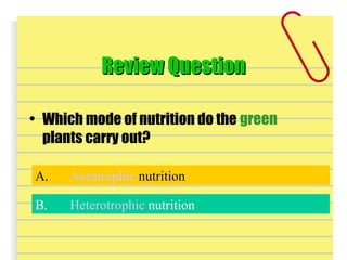 Review QuestionReview Question
• Which mode of nutrition do the green
plants carry out?
A. Autotrophic nutrition
B. Heterotrophic nutrition
 
