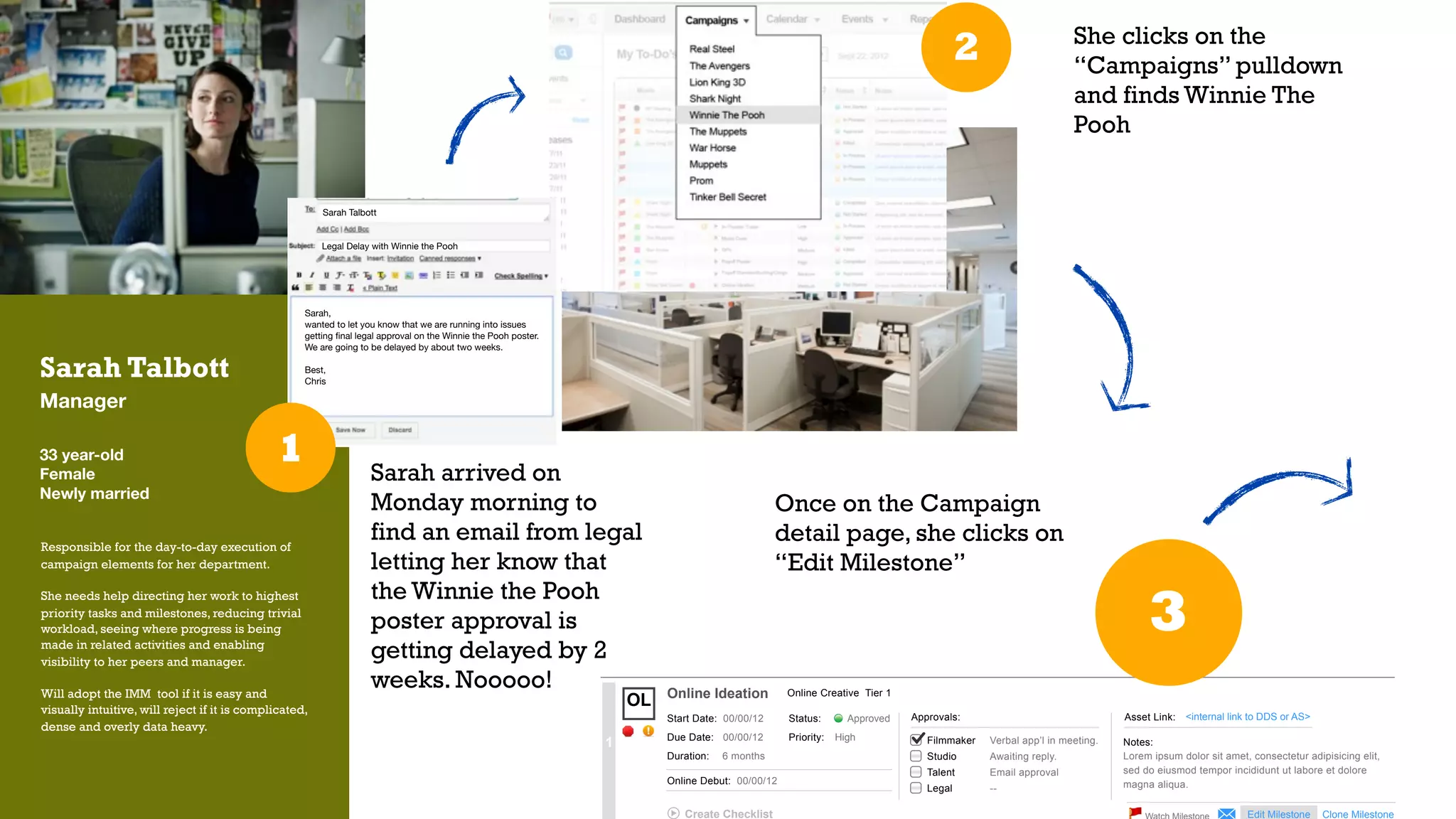 She clicks on the
                                                                                                                                                                                       2                     “Campaigns” pulldown
                                                                                                                                                                                                             and finds Winnie The
                                                                                                                                                                                                             Pooh


                                                        Sarah Talbott


                                                        Legal Delay with Winnie the Pooh

                                                                                                      1

                                                    Sarah,
                                                    wanted to let you know that we are running into issues
                                                    getting ﬁnal legal approval on the Winnie the Pooh poster.
                                                    We are going to be delayed by about two weeks.

Sarah Talbott                                       Best,
                                                    Chris

Manager

33 year-old
Female
                                              1                     Sarah arrived on
Newly married
                                                                    Monday morning to                                                            Once on the Campaign
Responsible for the day-to-day execution of
                                                                    find an email from legal                                                     detail page, she clicks on
campaign elements for her department.                               letting her know that                                                        “Edit Milestone”
                                                                    the Winnie the Pooh
                                                                                                                                                                                                                           3
She needs help directing her work to highest
priority tasks and milestones, reducing trivial
workload, seeing where progress is being                            poster approval is
made in related activities and enabling
visibility to her peers and manager.
                                                                    getting delayed by 2
Will adopt the IMM tool if it is easy and
                                                                    weeks. Nooooo!                                        Online Ideation          Online Creative Tier 1
visually intuitive, will reject if it is complicated,
                                                                                                                     OL
                                                                                                                          Start Date: 00/00/12     Status:       Approved   Approvals:                                Asset Link:   <internal link to DDS or AS>
dense and overly data heavy.
                                                                                                                          Due Date: 00/00/12       Priority:   High
                                                                                                                 1                                                             Filmmaker   Verbal app’l in meeting.   Notes:
                                                                                                                          Duration:   6 months                                 Studio      Awaiting reply.            Lorem ipsum dolor sit amet, consectetur adipisicing elit,
                                                                                                                                                                               Talent      Email approval             sed do eiusmod tempor incididunt ut labore et dolore
                                                                                                                          Online Debut: 00/00/12                                                                      magna aliqua.
                                                                                                                                                                               Legal       --

                                                                                                                             Create Checklist                                                                                                    Edit Milestone    Clone Milestone
 