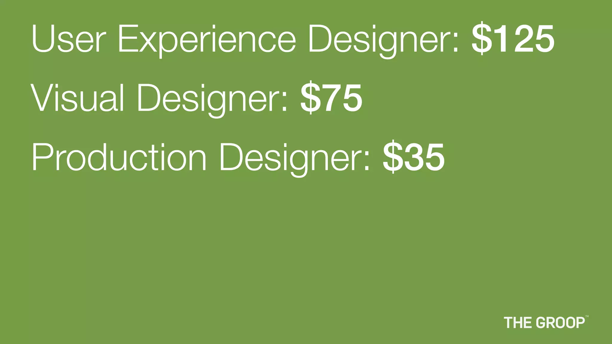 User Experience Designer: $125
Visual Designer: $75
Production Designer: $35
 