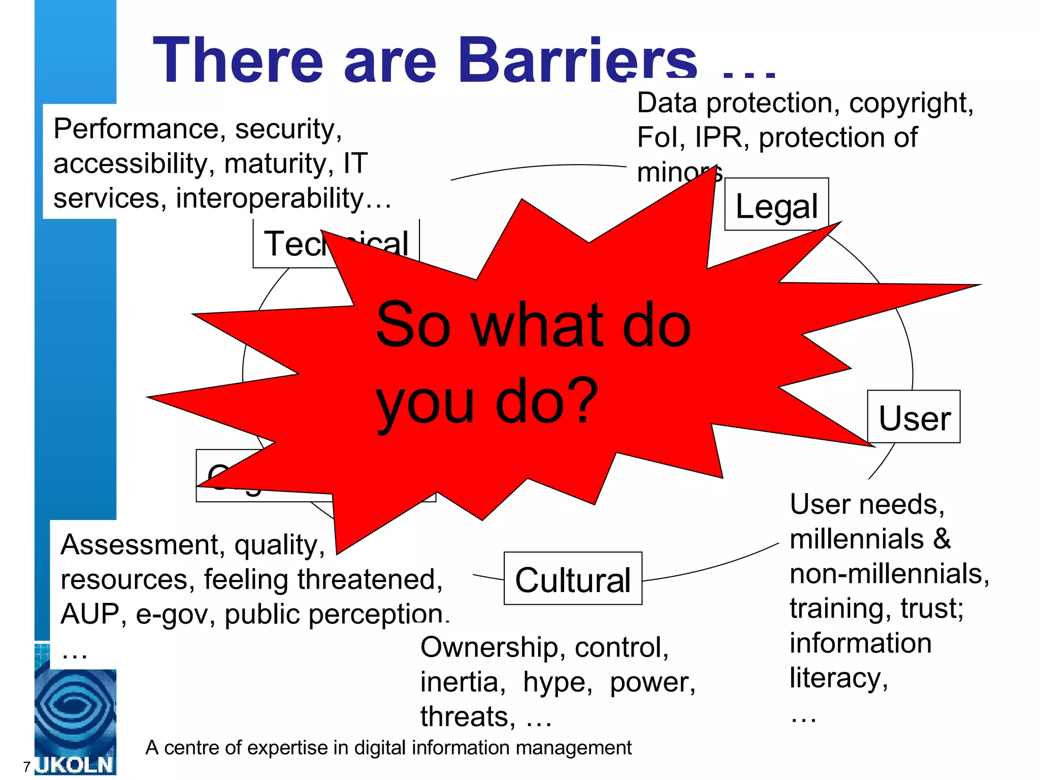 There are Barriers … Barriers Technical User Organisational Cultural Legal Performance, security, accessibility, maturity, IT services, interoperability… Assessment, quality, resources, feeling threatened, AUP, e-gov, public perception, … Ownership, control, inertia,  hype,  power, threats, … User needs, millennials & non-millennials, training, trust; information literacy, … Data protection, copyright, FoI, IPR, protection of minors… So what do you do? 
