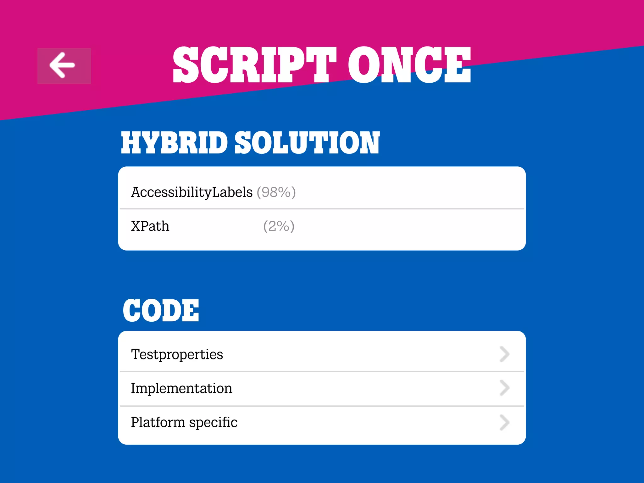 Script once
AccessibilityLabels (98%)
XPath (2%)
HyBrid solution
Testproperties
Implementation
Platform speciﬁc
Code
 