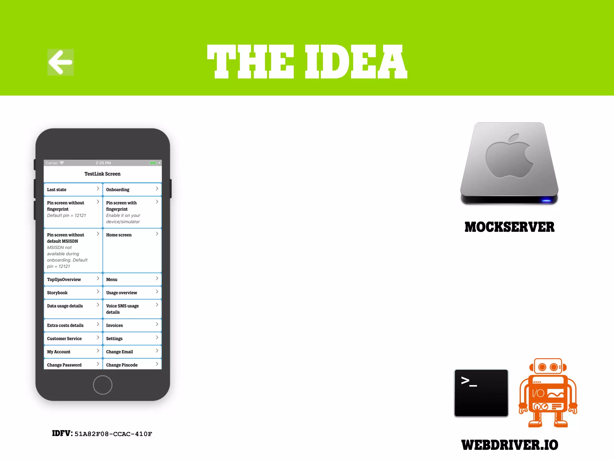 The idea
Mockserver
weBdriver.io
IDFV: 51A82F08-CCAC-410F
 