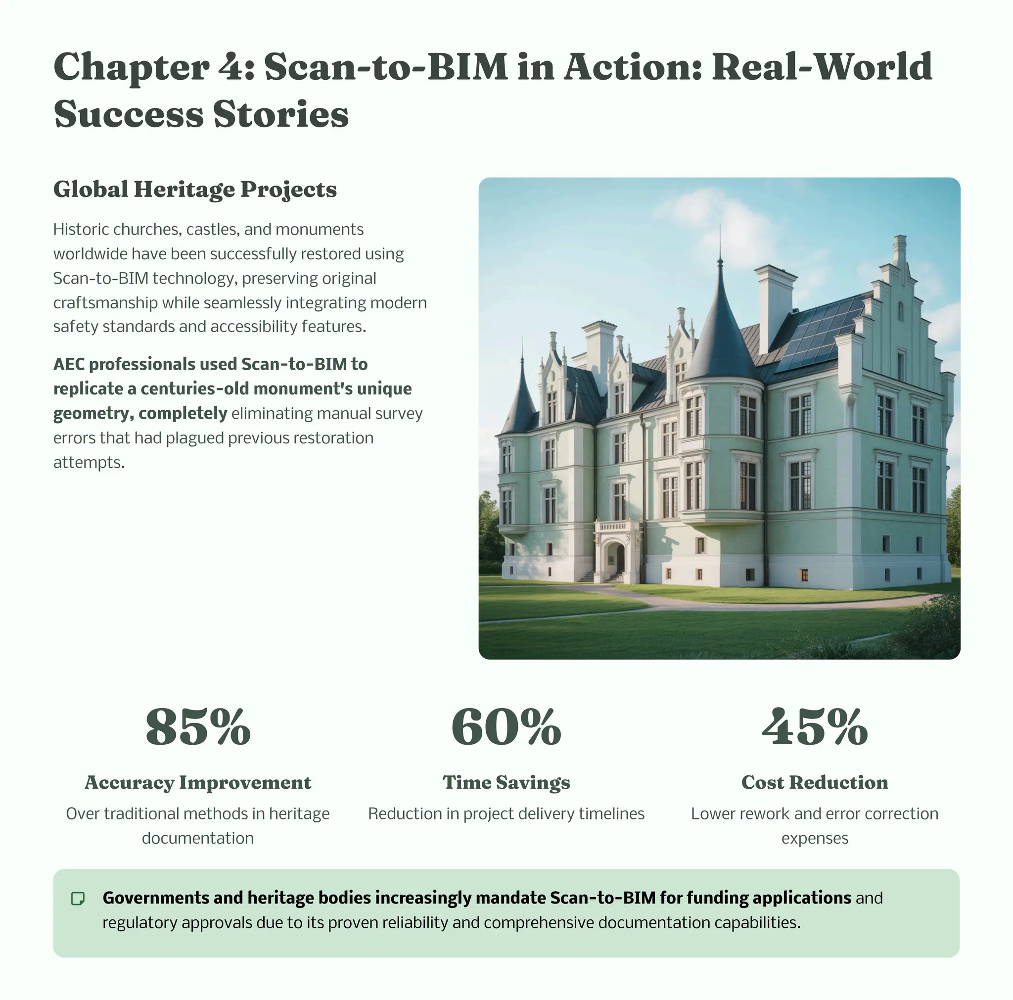 C apter 4: Sca -to-BIM i Actio : Real-World
Succe Storie
Global Heritage Project
Historic churches, castles, and monuments
worldwide have been successfully restored using
Scan-to-BIM technology, preserving original
craftsmanship while seamlessly integrating modern
safety standards and accessibility features.
AEC professionals used Scan-to-BIM to
replicate a centuries-old monument's unique
geometry, completely eliminating manual survey
errors that had plagued previous restoration
attempts.
85%
Accuracy I prove e t
Over traditional methods in heritage
documentation
60%
Ti e Savi g
Reduction in project delivery timelines
45%
Co t Reductio
Lower rework and error correction
expenses
Governments and heritage bodies increasingly mandate Scan-to-BIM for funding applications and
regulatory approvals due to its proven reliability and comprehensive documentation capabilities.
 