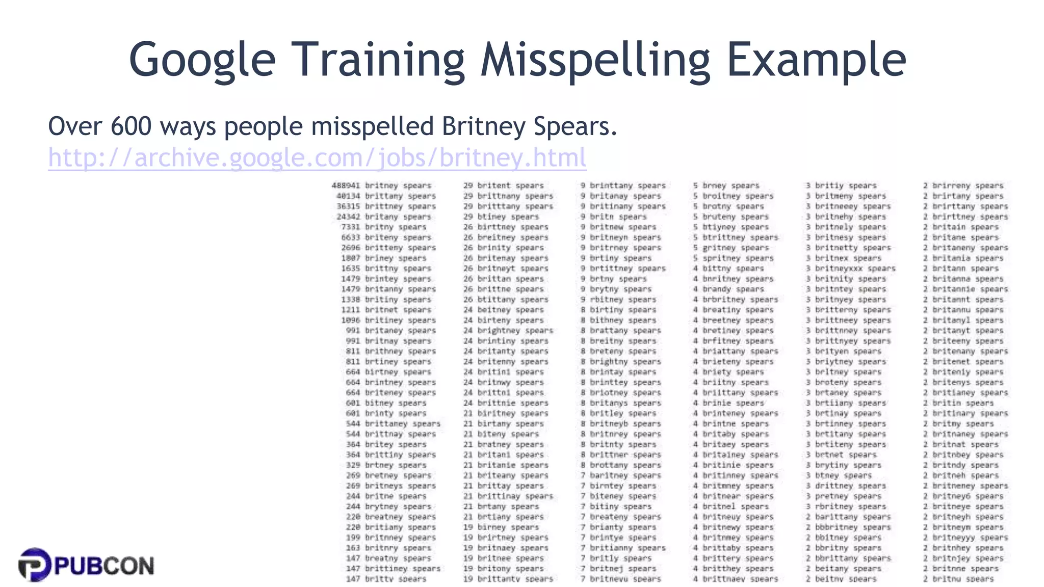 @patrickstox @ahrefs #pubcon
Google Training Misspelling Example
Over 600 ways people misspelled Britney Spears.
http://archive.google.com/jobs/britney.html
 