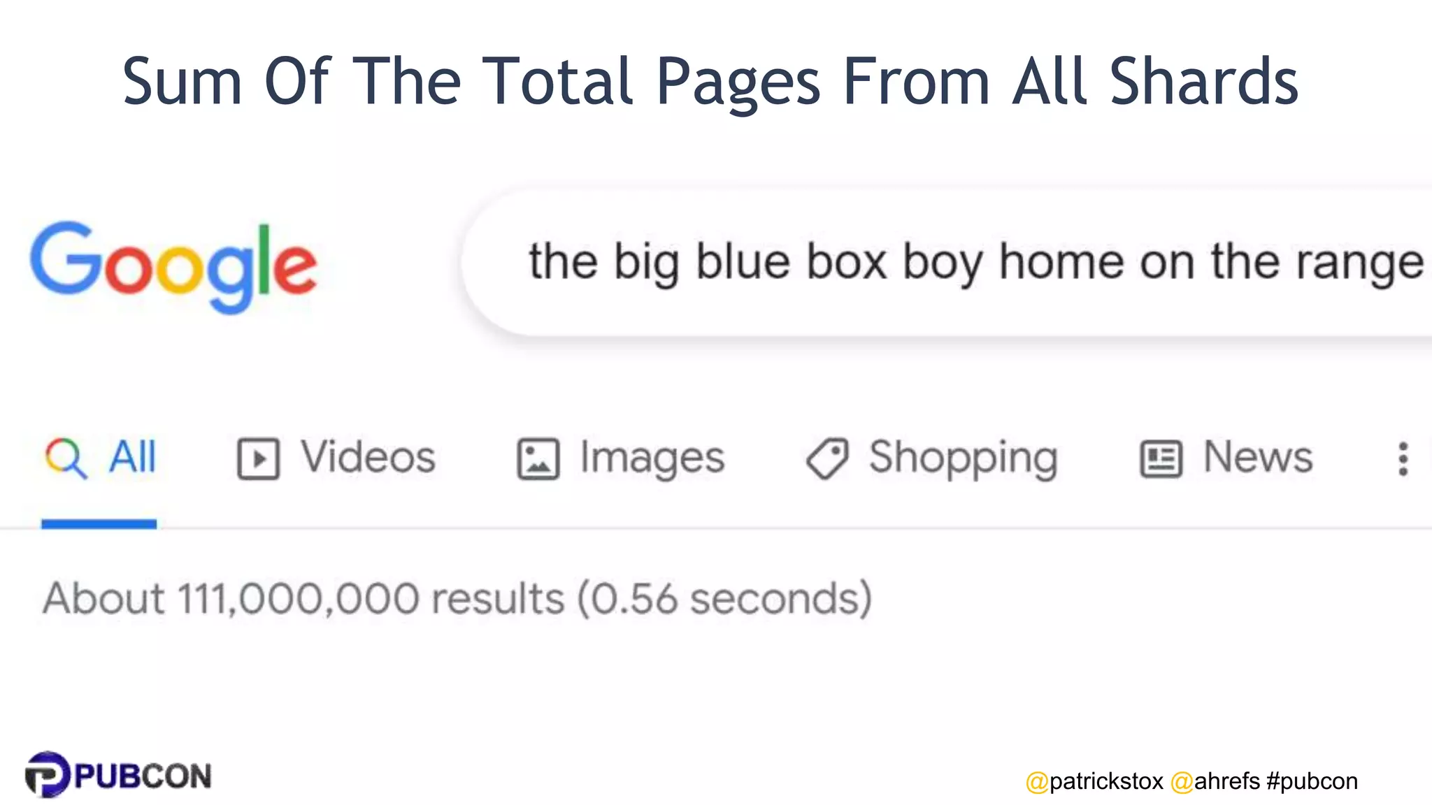 @patrickstox @ahrefs #pubcon
Sum Of The Total Pages From All Shards
 