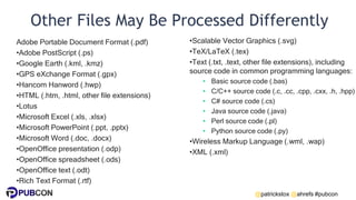 @patrickstox @ahrefs #pubcon
Other Files May Be Processed Differently
Adobe Portable Document Format (.pdf)
•Adobe PostScript (.ps)
•Google Earth (.kml, .kmz)
•GPS eXchange Format (.gpx)
•Hancom Hanword (.hwp)
•HTML (.htm, .html, other file extensions)
•Lotus
•Microsoft Excel (.xls, .xlsx)
•Microsoft PowerPoint (.ppt, .pptx)
•Microsoft Word (.doc, .docx)
•OpenOffice presentation (.odp)
•OpenOffice spreadsheet (.ods)
•OpenOffice text (.odt)
•Rich Text Format (.rtf)
•Scalable Vector Graphics (.svg)
•TeX/LaTeX (.tex)
•Text (.txt, .text, other file extensions), including
source code in common programming languages:
• Basic source code (.bas)
• C/C++ source code (.c, .cc, .cpp, .cxx, .h, .hpp)
• C# source code (.cs)
• Java source code (.java)
• Perl source code (.pl)
• Python source code (.py)
•Wireless Markup Language (.wml, .wap)
•XML (.xml)
 