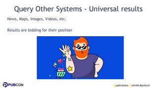 @patrickstox @ahrefs #pubcon
Query Other Systems - Universal results
News, Maps, Images, Videos, etc.
Results are bidding ...