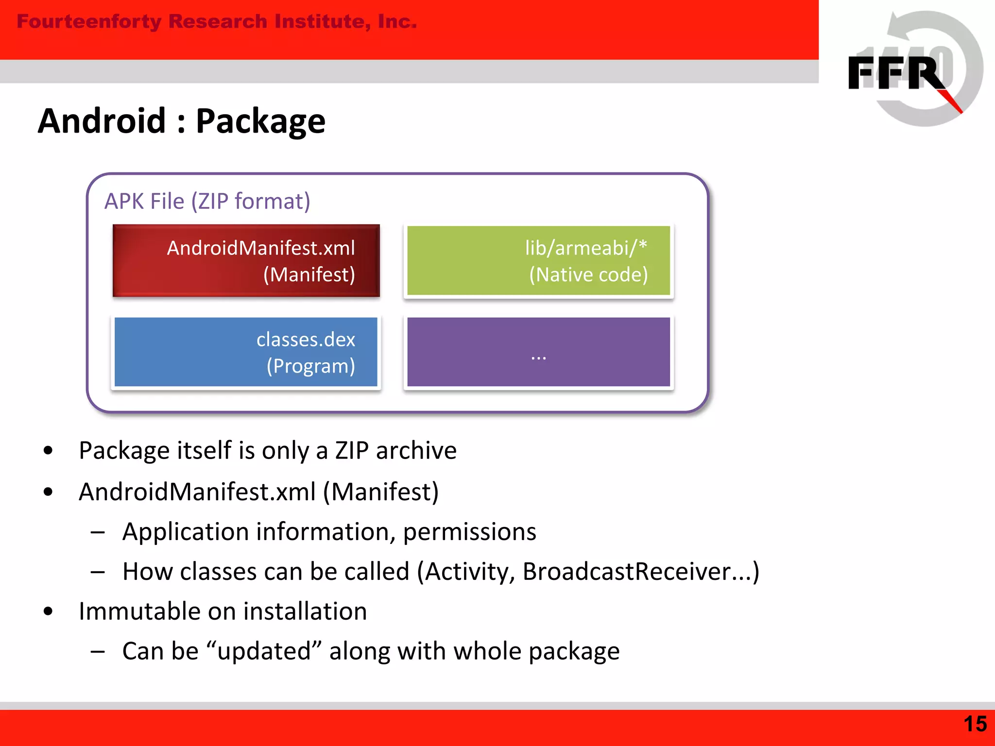 Fourteenforty Research Institute, Inc.
Android : Package
• Package itself is only a ZIP archive
• AndroidManifest.xml (Manifest)
– Application information, permissions
– How classes can be called (Activity, BroadcastReceiver...)
• Immutable on installation
– Can be “updated” along with whole package
15
APK File (ZIP format)
AndroidManifest.xml
(Manifest)
classes.dex
(Program)
lib/armeabi/*
(Native code)
...
 