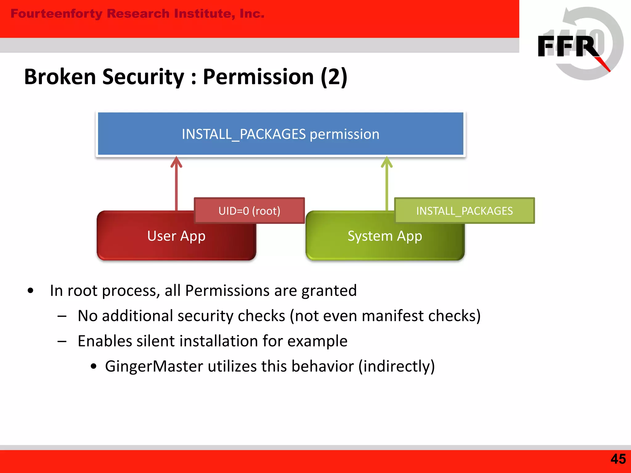 Fourteenforty Research Institute, Inc.
Broken Security : Permission (2)
• In root process, all Permissions are granted
– No additional security checks (not even manifest checks)
– Enables silent installation for example
• GingerMaster utilizes this behavior (indirectly)
45
User App System App
INSTALL_PACKAGES permission
UID=0 (root) INSTALL_PACKAGES
 