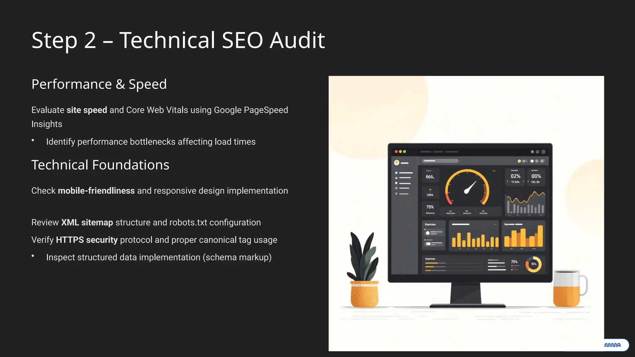 Step 2 – Technical SEO Audit
Performance & Speed
Evaluate site speed and Core Web Vitals using Google PageSpeed
Insights
• Identify performance bottlenecks affecting load times
Technical Foundations
Check mobile-friendliness and responsive design implementation
Review XML sitemap structure and robots.txt configuration
Verify HTTPS security protocol and proper canonical tag usage
• Inspect structured data implementation (schema markup)
 