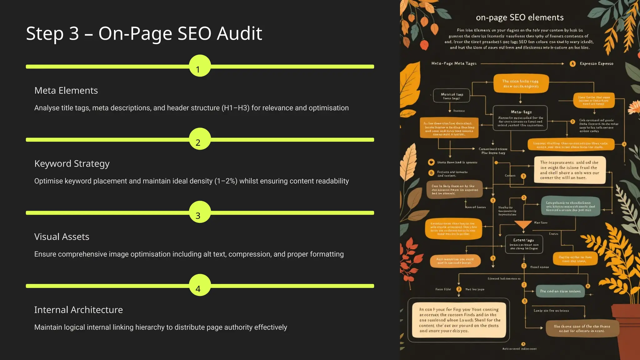 Step 3 – On-Page SEO Audit
1
Meta Elements
Analyse title tags, meta descriptions, and header structure (H1–H3) for relevance and optimisation
2
Keyword Strategy
Optimise keyword placement and maintain ideal density (1–2%) whilst ensuring content readability
3
Visual Assets
Ensure comprehensive image optimisation including alt text, compression, and proper formatting
4
Internal Architecture
Maintain logical internal linking hierarchy to distribute page authority effectively
 
