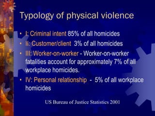 Typology of physical violence
• I: Criminal intent 85% of all homicides
• II: Customer/client 3% of all homicides
• III: W...
