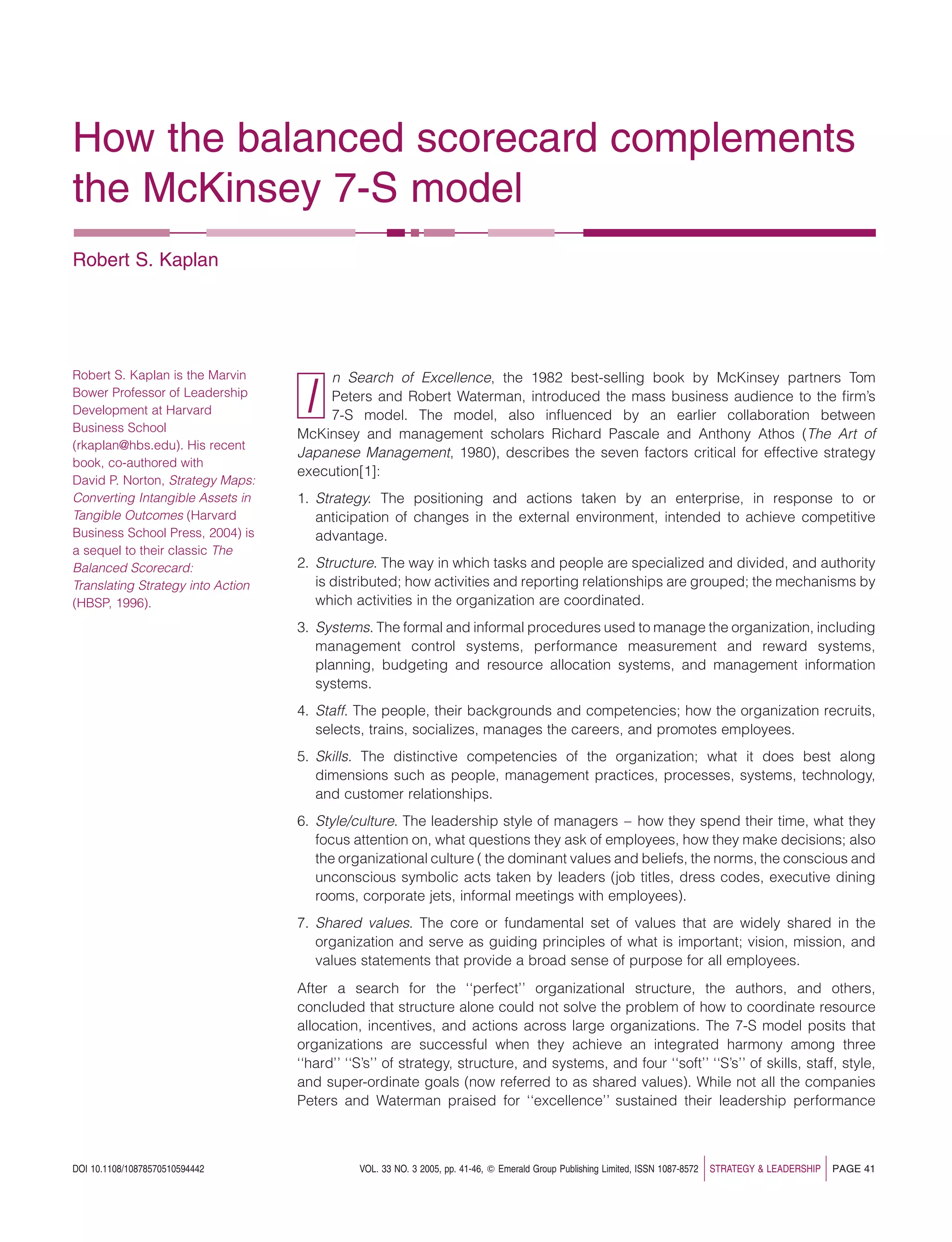 How the balanced scorecard complements the McKinsey 7-S model | PDF