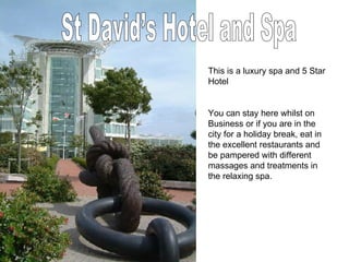 This is a luxury spa and 5 Star Hotel You can stay here whilst on Business or if you are in the city for a holiday break, eat in the excellent restaurants and be pampered with different massages and treatments in the relaxing spa. St David’s Hotel and Spa 