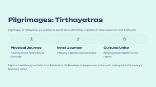 Pilgrimages: Tirthayatras
Pilgrimages, or tirthayatras, are journeys to sacred sites called t+rthas, important in Indian culture for over 3,000 years.
Physical Journey
Traveling across India's diverse
landscape
Inner Journey
Following a specific code of conduct
Cultural Unity
Bringing people together across
regions
Pilgrims travel throughout India, from Badrinath in the Himalayas to Kanyakumari in the south, making the entire country's
landscape sacred.
 