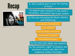 #1 MP3 enabled peer-to-peer file sharing
Recap                 of music
         #2 Napster gave everyone in the world a
 ...