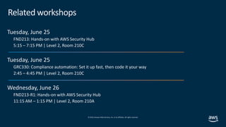 © 2019,Amazon Web Services, Inc. or its affiliates. All rights reserved.
Related workshops
Tuesday, June 25
FND213: Hands-on with AWS Security Hub
5:15 – 7:15 PM | Level 2, Room 210C
Tuesday, June 25
GRC330: Compliance automation: Set it up fast, then code it your way
2:45 – 4:45 PM | Level 2, Room 210C
Wednesday, June 26
FND213-R1: Hands-on with AWS Security Hub
11:15 AM – 1:15 PM | Level 2, Room 210A
 