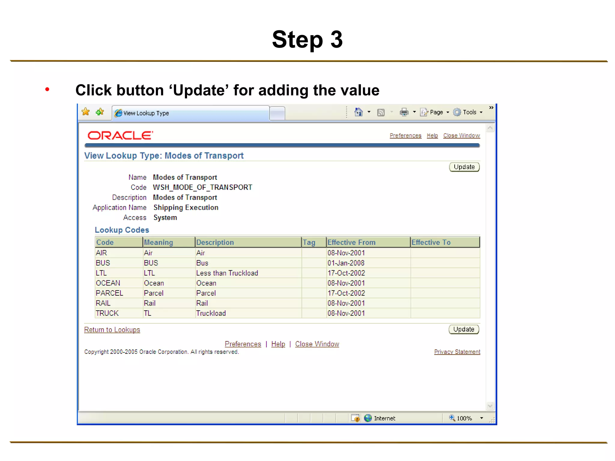 Step 3 Click button ‘Update’ for adding the value 