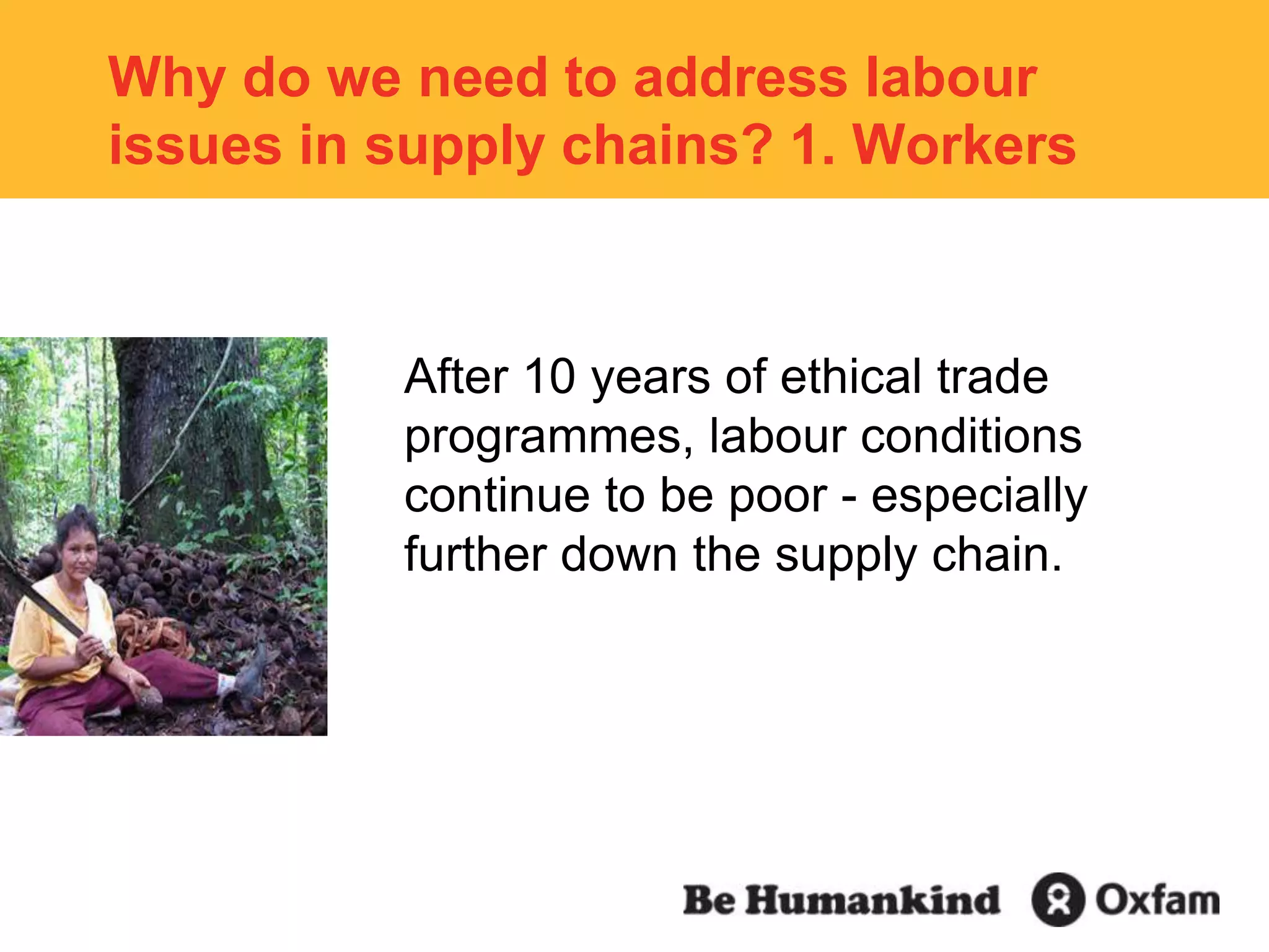 Why do we need to address labour issues in supply chains? 1. WorkersAfter 10 years of ethical trade programmes, labour conditions continue to be poor - especially further down the supply chain.