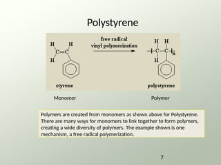 Monomer Polymer
Polystyrene
Polymers are created from monomers as shown above for Polystyrene.
There are many ways for monomers to link together to form polymers,
creating a wide diversity of polymers. The example shown is one
mechanism, a free radical polymerization.
7
 