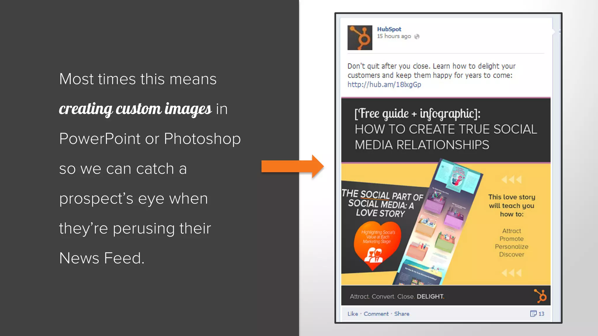Most times this means 
creating custom images in 
PowerPoint or Photoshop 
so we can catch a 
prospect’s eye when 
they’re perusing their 
News Feed. 
 