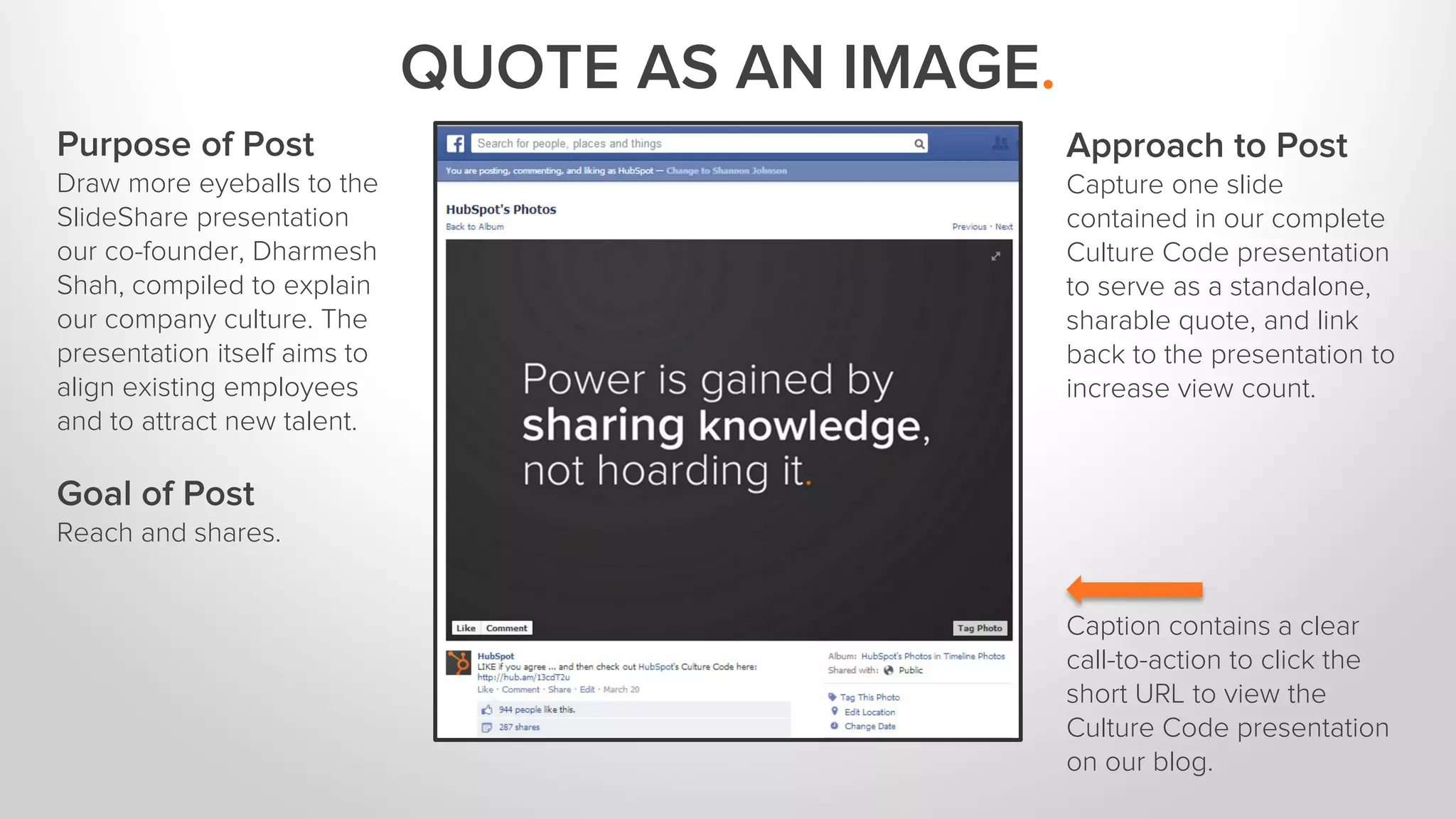 QUOTE AS AN IMAGE. 
Purpose of Post 
Draw more eyeballs to the 
SlideShare presentation 
our co-founder, Dharmesh 
Shah, compiled to explain 
our company culture. The 
presentation itself aims to 
align existing employees 
and to attract new talent. 
Goal of Post 
Reach and shares. 
Caption contains a clear 
call-to-action to click the 
short URL to view the 
Culture Code presentation 
on our blog. 
Approach to Post 
Capture one slide 
contained in our complete 
Culture Code presentation 
to serve as a standalone, 
sharable quote, and link 
back to the presentation to 
increase view count. 
 