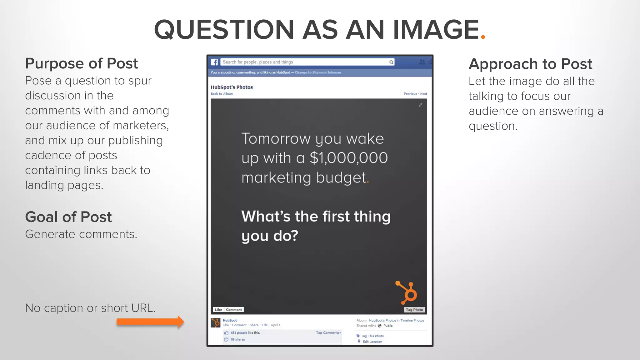 QUESTION AS AN IMAGE. 
Purpose of Post 
Pose a question to spur 
discussion in the 
comments with and among 
our audience of marketers, 
and mix up our publishing 
cadence of posts 
containing links back to 
landing pages. 
Goal of Post 
Generate comments. 
Approach to Post 
Let the image do all the 
talking to focus our 
audience on answering a 
question. 
No caption or short URL. 
 