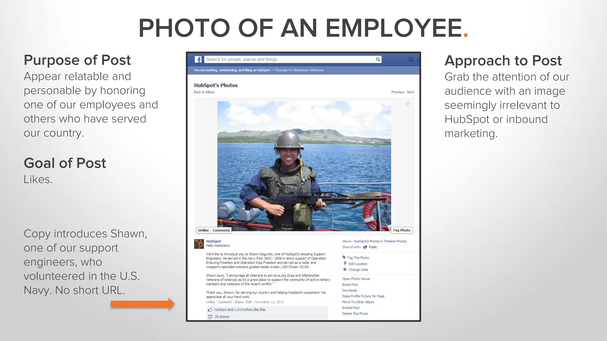 PHOTO OF AN EMPLOYEE. 
Purpose of Post 
Appear relatable and 
personable by honoring 
one of our employees and 
others who have served 
our country. 
Goal of Post 
Likes. 
Approach to Post 
Grab the attention of our 
audience with an image 
seemingly irrelevant to 
HubSpot or inbound 
marketing. 
Copy introduces Shawn, 
one of our support 
engineers, who 
volunteered in the U.S. 
Navy. No short URL. 
 