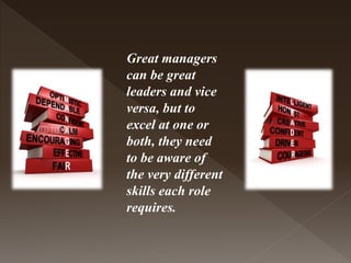 Great managers
can be great
leaders and vice
versa, but to
excel at one or
both, they need
to be aware of
the very different
skills each role
requires.
 
