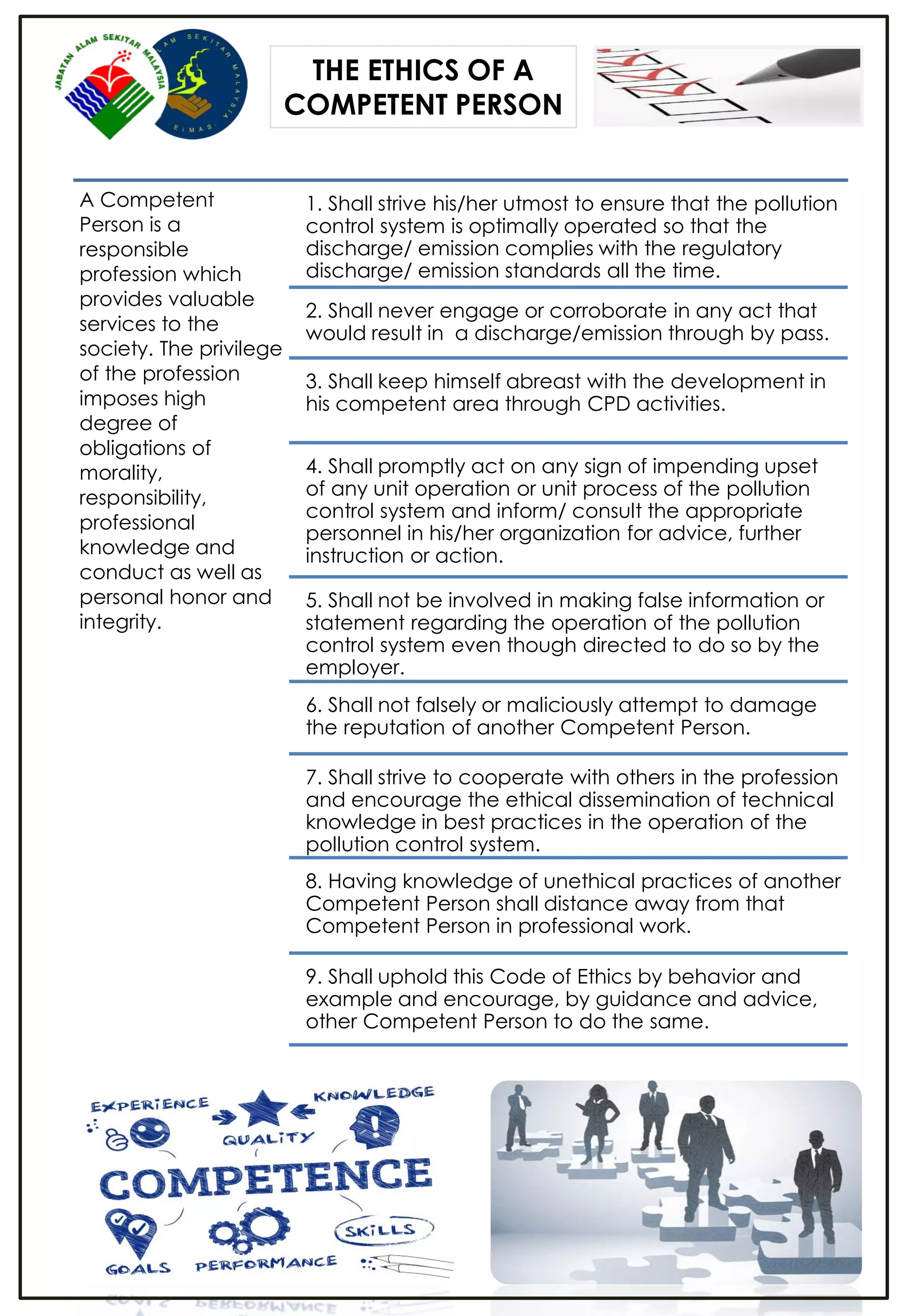 THE ETHICS OF A
COMPETENT PERSON
A Competent
Person is a
responsible
profession which
provides valuable
services to the
society. The privilege
of the profession
imposes high
degree of
obligations of
morality,
responsibility,
professional
knowledge and
conduct as well as
personal honor and
integrity.
1. Shall strive his/her utmost to ensure that the pollution
control system is optimally operated so that the
discharge/ emission complies with the regulatory
discharge/ emission standards all the time.
2. Shall never engage or corroborate in any act that
would result in a discharge/emission through by pass.
3. Shall keep himself abreast with the development in
his competent area through CPD activities.
4. Shall promptly act on any sign of impending upset
of any unit operation or unit process of the pollution
control system and inform/ consult the appropriate
personnel in his/her organization for advice, further
instruction or action.
5. Shall not be involved in making false information or
statement regarding the operation of the pollution
control system even though directed to do so by the
employer.
6. Shall not falsely or maliciously attempt to damage
the reputation of another Competent Person.
7. Shall strive to cooperate with others in the profession
and encourage the ethical dissemination of technical
knowledge in best practices in the operation of the
pollution control system.
8. Having knowledge of unethical practices of another
Competent Person shall distance away from that
Competent Person in professional work.
9. Shall uphold this Code of Ethics by behavior and
example and encourage, by guidance and advice,
other Competent Person to do the same.
 