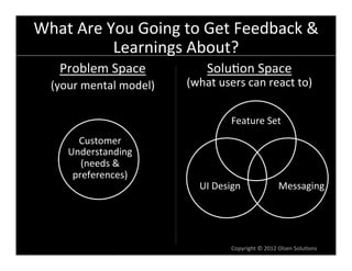 What	
  Are	
  You	
  Going	
  to	
  Get	
  Feedback	
  &	
  
                Learnings	
  About?	
  
     Problem	
  Space	
                  Solu6on	
  Space	
  
   (your	
  mental	
  model)	
     (what	
  users	
  can	
  react	
  to)	
  


                                                  Feature	
  Set	
  
         Customer	
  
       Understanding	
  
          (needs	
  &	
  
        preferences)	
  
                                       UI	
  Design	
                      Messaging	
  	
  




                                                  Copyright	
  ©	
  2012	
  Olsen	
  Solu6ons	
  
 