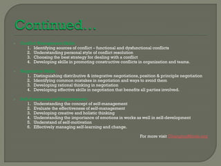    Conflict Management Skills:
      1. Identifying sources of conflict – functional and dysfunctional conflicts
      2. Understanding personal style of conflict resolution
      3. Choosing the best strategy for dealing with a conflict
      4. Developing skills in promoting constructive conflicts in organization and teams.

   Negotiation Skills:
       1. Distinguishing distributive & integrative negotiations, position & principle negotiation
       2. Identifying common mistakes in negotiation and ways to avoid them
       3. Developing rational thinking in negotiation
       4. Developing effective skills in negotiation that benefits all parties involved.

   Self-Awareness and Improvement:
        1. Understanding the concept of self-management
        2. Evaluate the effectiveness of self-management
        3. Developing creative and holistic thinking
        4. Understanding the importance of emotions in works as well in self-development
        5. Understand of self-motivation
        6. Effectively managing self-learning and change.

                                                                 For more visit ChangingMinds.org
 