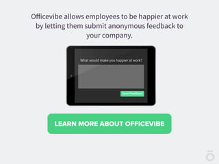 LEARN MORE ABOUT OFFICEVIBE
Oﬀicevibe allows employees to be happier at work
by letting them submit anonymous feedback to
your company.
 