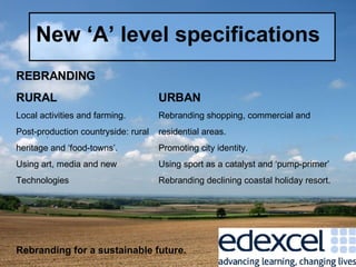New ‘A’ level specifications REBRANDING RURAL URBAN Local activities and farming. Rebranding shopping, commercial and Post-production countryside: rural residential areas. heritage and ‘food-towns’. Promoting city identity. Using art, media and new Using sport as a catalyst and ‘pump-primer’ Technologies Rebranding declining coastal holiday resort. Rebranding for a sustainable future. 