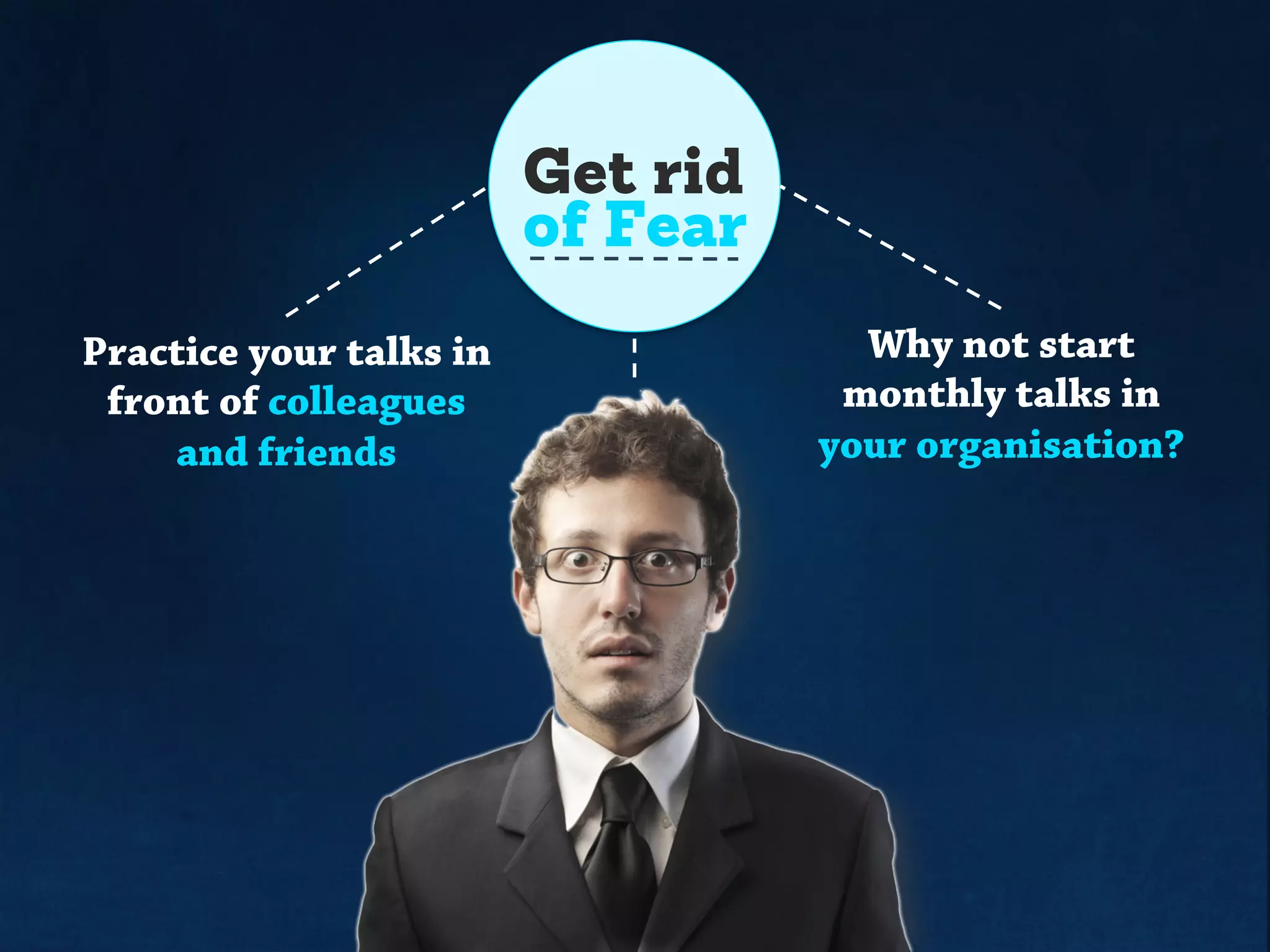 Get rid
of the Fear
Practice your talks in
front of colleagues
and friends
Why not start
monthly talks in
your organisation?
 
