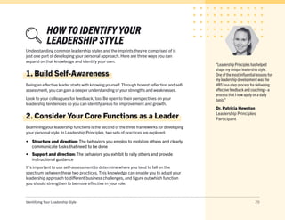 Identifying Your Leadership Style 29
HOW TO IDENTIFY YOUR
LEADERSHIP STYLE
Understanding common leadership styles and the imprints they’re comprised of is
just one part of developing your personal approach. Here are three ways you can
expand on that knowledge and identify your own.
1. Build Self-Awareness
Being an effective leader starts with knowing yourself.Through honest reflection and self-
assessment, you can gain a deeper understanding of your strengths and weaknesses.
Look to your colleagues for feedback, too. Be open to their perspectives on your
leadership tendencies so you can identify areas for improvement and growth.
2. Consider Your Core Functions as a Leader
Examining your leadership functions is the second of the three frameworks for developing
your personal style.In Leadership Principles, two sets of practices are explored:
•	 Structure and direction: The behaviors you employ to mobilize others and clearly
communicate tasks that need to be done
•	 Support and direction: The behaviors you exhibit to rally others and provide
instructional guidance
It’s important to use self-assessment to determine where you tend to fall on the
spectrum between these two practices. This knowledge can enable you to adapt your
leadership approach to different business challenges, and figure out which function
you should strengthen to be more effective in your role.
“Leadership Principles has helped
shape my unique leadership style.
One of the most influential lessons for
my leadership development was the
HBS four-step process for delivering
effective feedback and coaching—a
process that I now apply on a daily
basis.”
Dr. Patricia Hewston
Leadership Principles
Participant
 