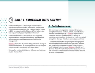Essential Leadership Skills and Qualities 7
Emotional intelligence is the ability to understand and
manage your emotions, as well as recognize and influence
the emotions of those around you. The term was first coined
in 1990 by researchers John Mayer and Peter Salovey, but
later popularized by psychologist Daniel Goleman.
Emotional intelligence—also known as EQ—is typically
broken down into four core competencies: self-awareness,
self-management, social awareness, and relationship
management.
Research shows that 90 percent of top performers are high in
emotional intelligence. By building your EQ, you can bring out
the best in others and cultivate successful teams.
Here are five emotional intelligence skills you need and ways
you can develop them.
1. Self-Awareness
Self-awareness is having a clear understanding of your
strengths, limitations, emotions, beliefs, and motivations.
It sounds simple enough, yet a survey by organizational
consulting firm Korn Ferry found that 79 percent of
executives had at least one blind spot—or a skill they ranked
among their strongest that others reported as a weakness.
Leaders who are adept at recognizing and managing their
emotions are better equipped to perceive others’ feelings
and know how to motivate employees. Those who don’t
could see a slip in performance: Research in the Harvard
Business Review found that teams with individuals who lack
self-awareness make worse decisions and are less effective
at conflict management.
SKILL 1: EMOTIONAL INTELLIGENCE
 