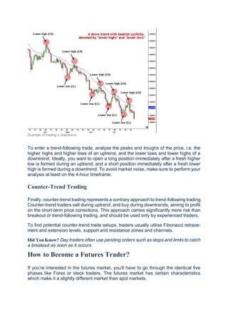 Example of trading a downtrend
To enter a trend-following trade, analyse the peaks and troughs of the price, i.e. the
higher highs and higher lows of an uptrend, and the lower lows and lower highs of a
downtrend. Ideally, you want to open a long position immediately after a fresh higher
low is formed during an uptrend, and a short position immediately after a fresh lower
high is formed during a downtrend. To avoid market noise, make sure to perform your
analysis at least on the 4-hour timeframe.
Counter-Trend Trading
Finally, counter-trend trading represents a contrary approach to trend-following trading.
Counter-trend traders sell during uptrend, and buy during downtrends, aiming to profit
on the short-term price corrections. This approach carries significantly more risk than
breakout or trend-following trading, and should be used only by experienced traders.
To find potential counter-trend trade setups, traders usually utilise Fibonacci retrace-
ment and extension levels, support and resistance zones and channels.
Did You Know? Day traders often use pending orders such as stops and limits to catch
a breakout as soon as it occurs.
How to Become a Futures Trader?
If you’re interested in the futures market, you’ll have to go through the identical five
phases like Forex or stock traders. The futures market has certain characteristics
which make it a slightly different market than spot markets.
 