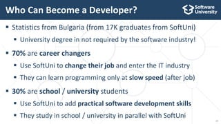 17
 Statistics from Bulgaria (from 17K graduates from SoftUni)
 University degree in not required by the software industry!
 70% are career changers
 Use SoftUni to change their job and enter the IT industry
 They can learn programming only at slow speed (after job)
 30% are school / university students
 Use SoftUni to add practical software development skills
 They study in school / university in parallel with SoftUni
Who Can Become a Developer?
 
