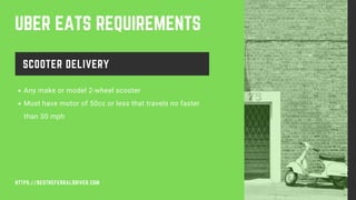 UBER EATS REQUIREMENTS
SCOOTER DELIVERY
Any make or model 2-wheel scooter
Must have motor of 50cc or less that travels no faster
than 30 mph
HTTPS://BESTREFERRALDRIVER.COM
 