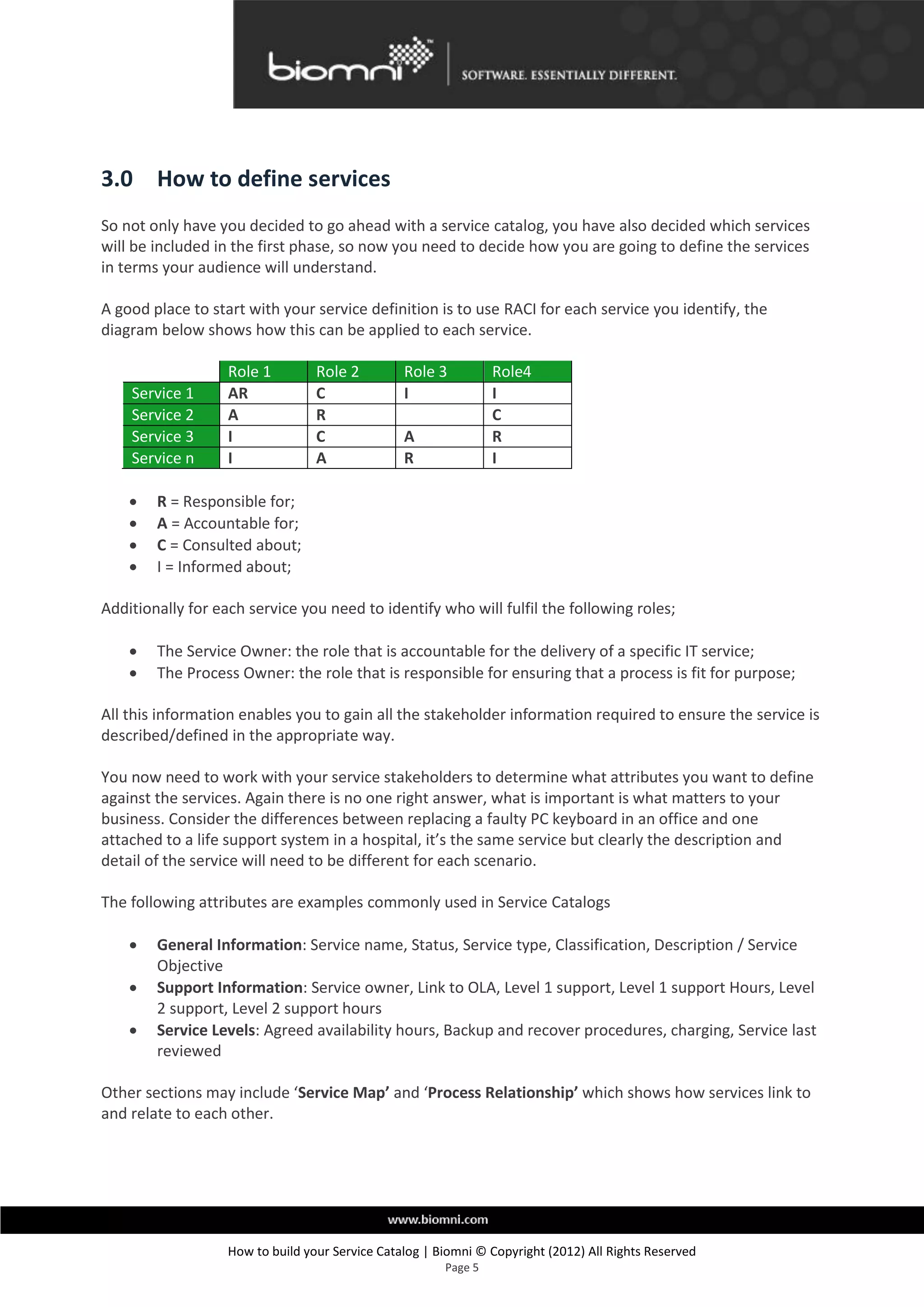 3.0 How to define services
So not only have you decided to go ahead with a service catalog, you have also decided which services
will be included in the first phase, so now you need to decide how you are going to define the services
in terms your audience will understand.

A good place to start with your service definition is to use RACI for each service you identify, the
diagram below shows how this can be applied to each service.

                   Role 1         Role 2         Role 3          Role4
    Service 1      AR             C              I               I
    Service 2      A              R                              C
    Service 3      I              C              A               R
    Service n      I              A              R               I

       R = Responsible for;
       A = Accountable for;
       C = Consulted about;
       I = Informed about;

Additionally for each service you need to identify who will fulfil the following roles;

       The Service Owner: the role that is accountable for the delivery of a specific IT service;
       The Process Owner: the role that is responsible for ensuring that a process is fit for purpose;

All this information enables you to gain all the stakeholder information required to ensure the service is
described/defined in the appropriate way.

You now need to work with your service stakeholders to determine what attributes you want to define
against the services. Again there is no one right answer, what is important is what matters to your
business. Consider the differences between replacing a faulty PC keyboard in an office and one
attached to a life support system in a hospital, it’s the same service but clearly the description and
detail of the service will need to be different for each scenario.

The following attributes are examples commonly used in Service Catalogs

       General Information: Service name, Status, Service type, Classification, Description / Service
        Objective
       Support Information: Service owner, Link to OLA, Level 1 support, Level 1 support Hours, Level
        2 support, Level 2 support hours
       Service Levels: Agreed availability hours, Backup and recover procedures, charging, Service last
        reviewed

Other sections may include ‘Service Map’ and ‘Process Relationship’ which shows how services link to
and relate to each other.




                   How to build your Service Catalog | Biomni © Copyright (2012) All Rights Reserved
                                                        Page 5
 