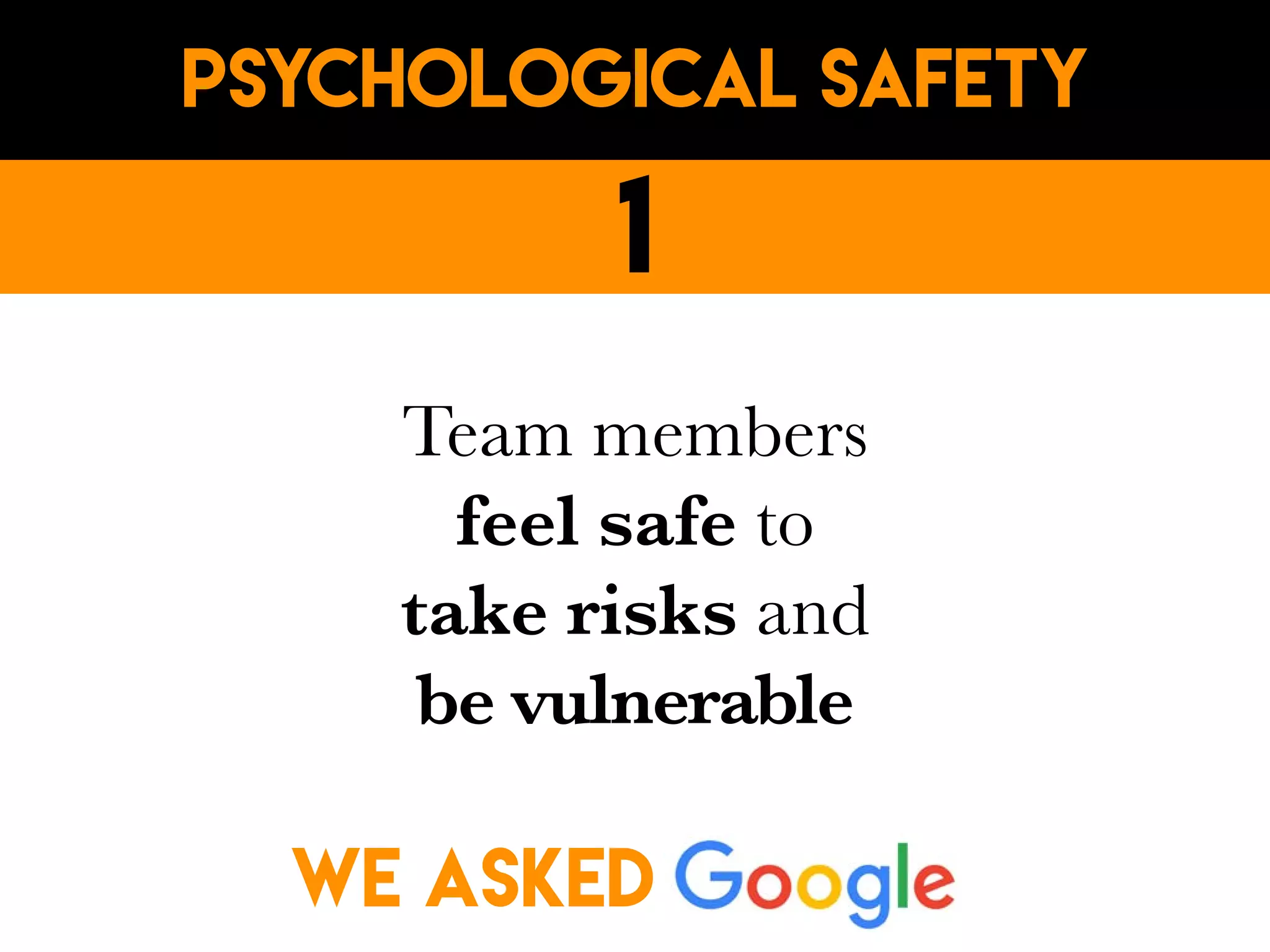 Team members
feel safe to
take risks and
be vulnerable
Psychological safety
1
WE ASKED
 