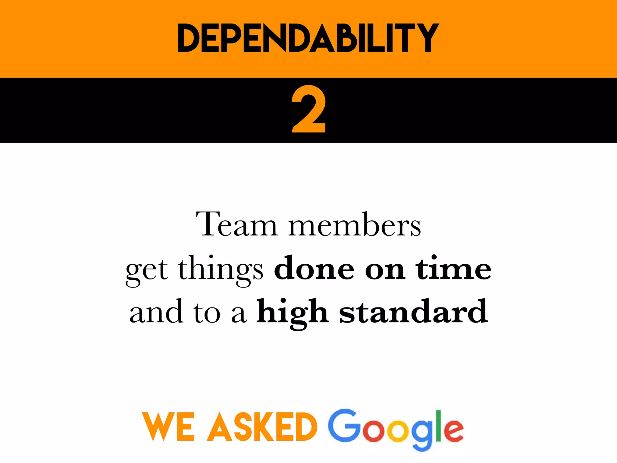 Team members
get things done on time
and to a high standard
DEpendability
2
WE ASKED
 